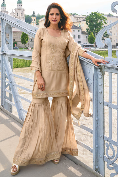 Beige Embroidered Sharara Suit Set with Dupatta