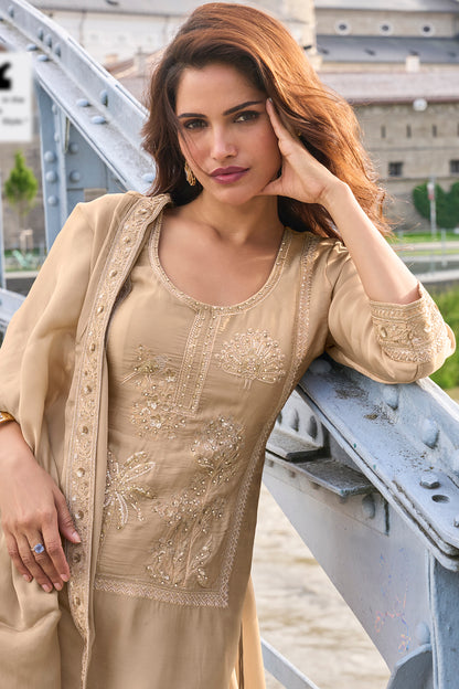 Beige Embroidered Sharara Suit Set with Dupatta