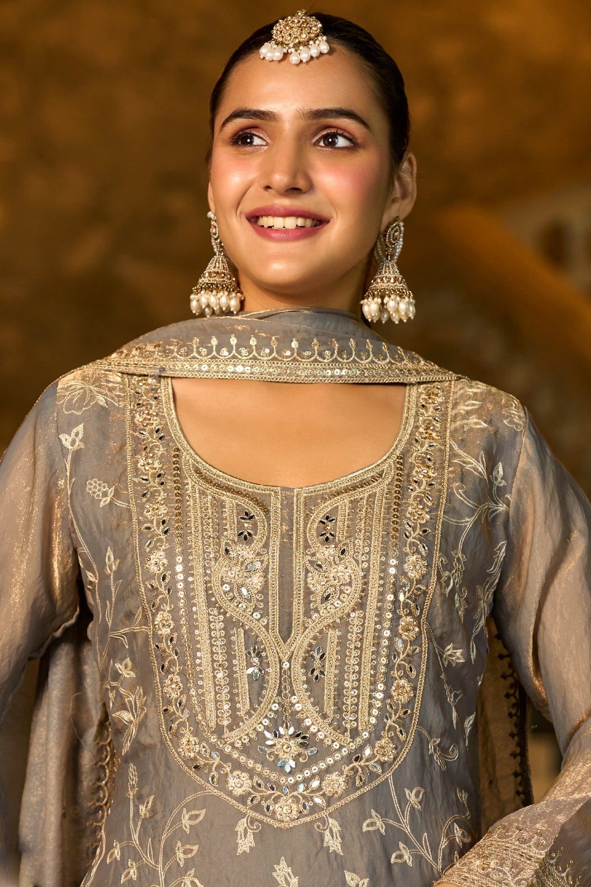 Grey Heavy Embroidered Kurta Sharara Set with Mirror Work