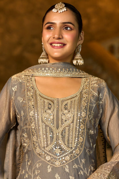 Grey Heavy Embroidered Kurta Sharara Set with Mirror Work