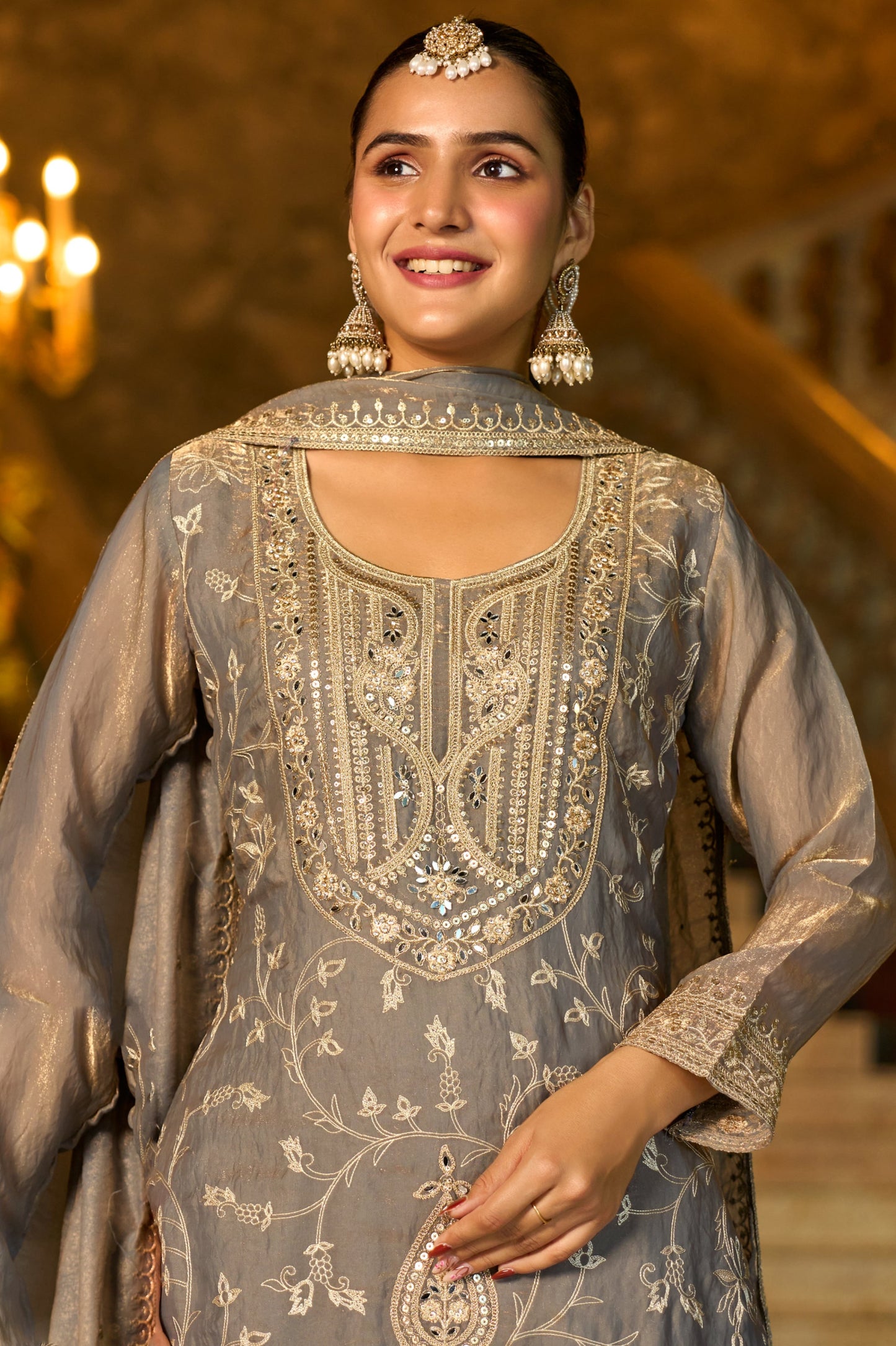 Grey Heavy Embroidered Kurta Sharara Set with Mirror Work