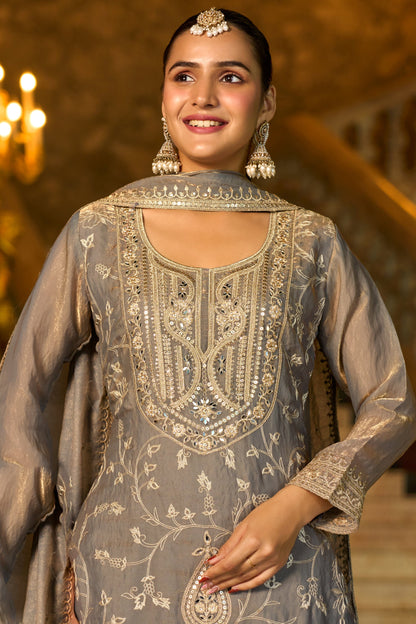 Grey Heavy Embroidered Kurta Sharara Set with Mirror Work