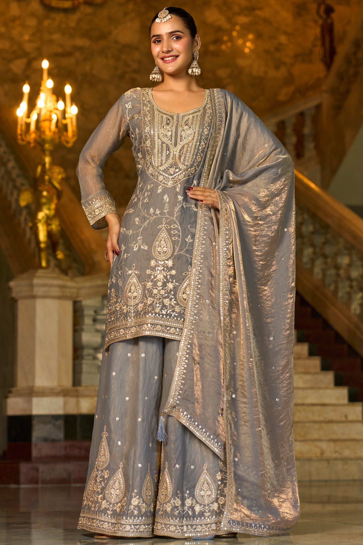 Grey Heavy Embroidered Kurta Sharara Set with Mirror Work