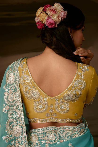 Teal Blue Embroidered Saree