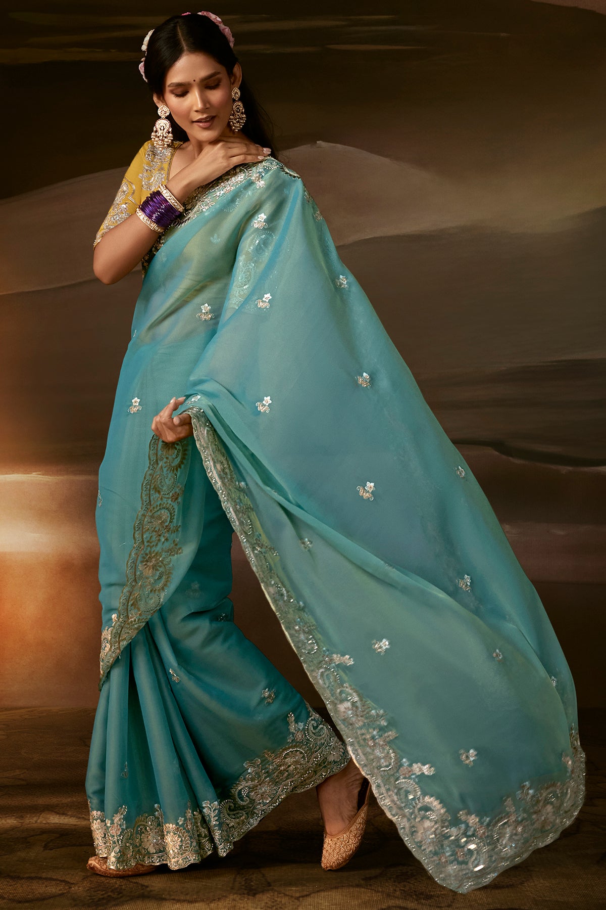 Teal Blue Embroidered Saree