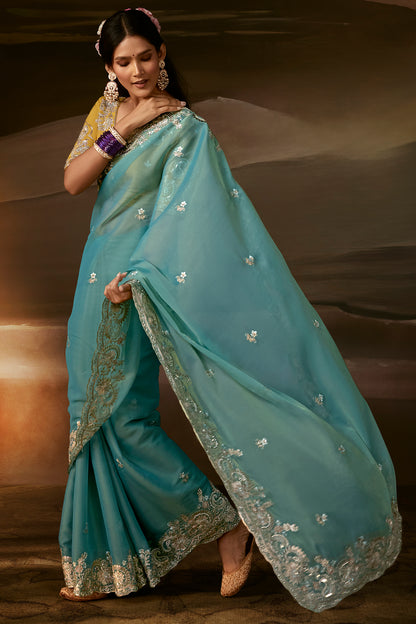 Teal Blue Embroidered Saree