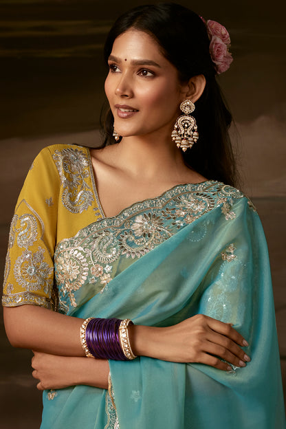 Teal Blue Embroidered Saree
