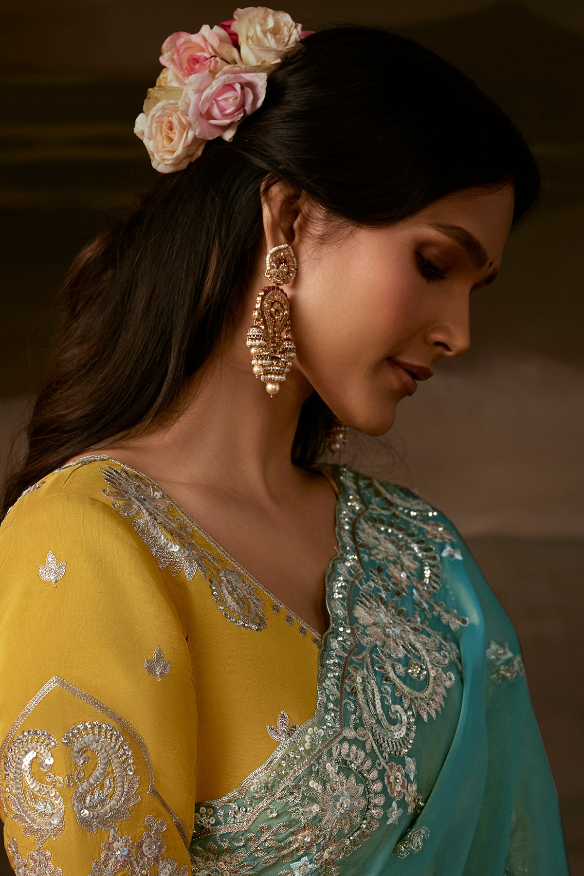 Teal Blue Embroidered Saree