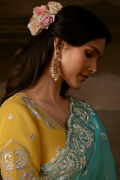 Teal Blue Embroidered Saree