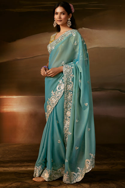 Teal Blue Embroidered Saree