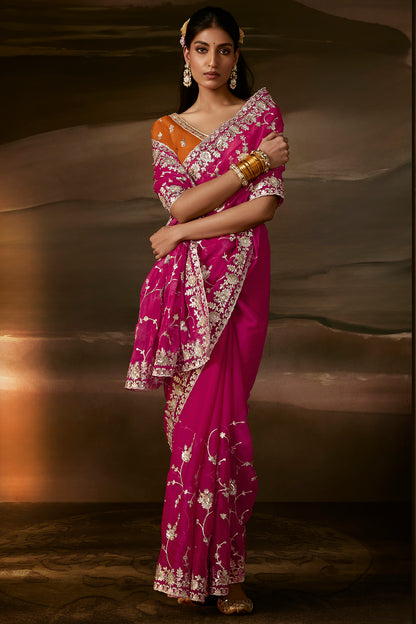 Magenta Pink Saree with Rust Orange Blouse