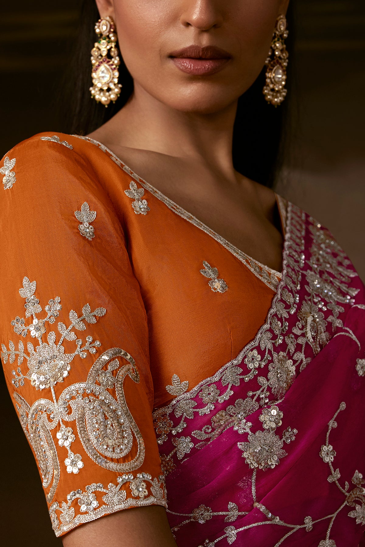 Magenta Pink Saree with Rust Orange Blouse