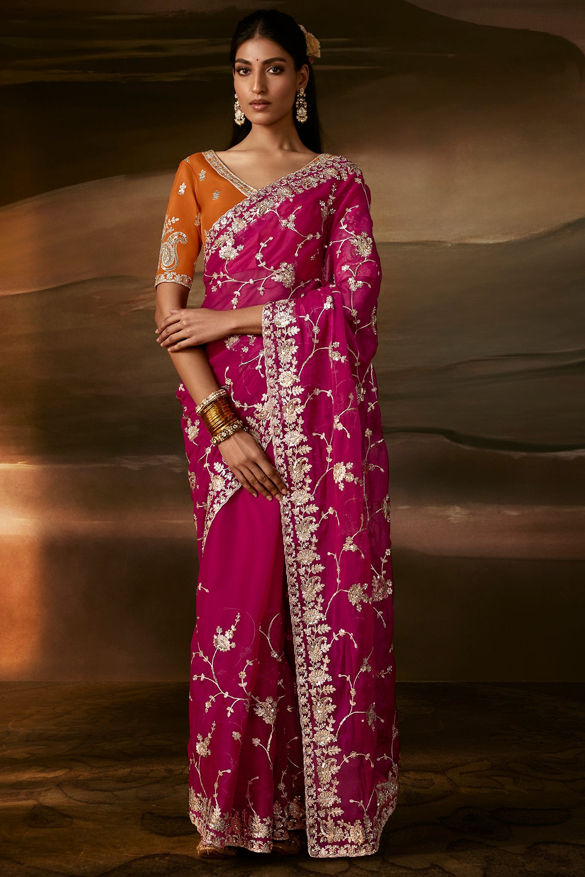 Magenta Pink Saree with Rust Orange Blouse