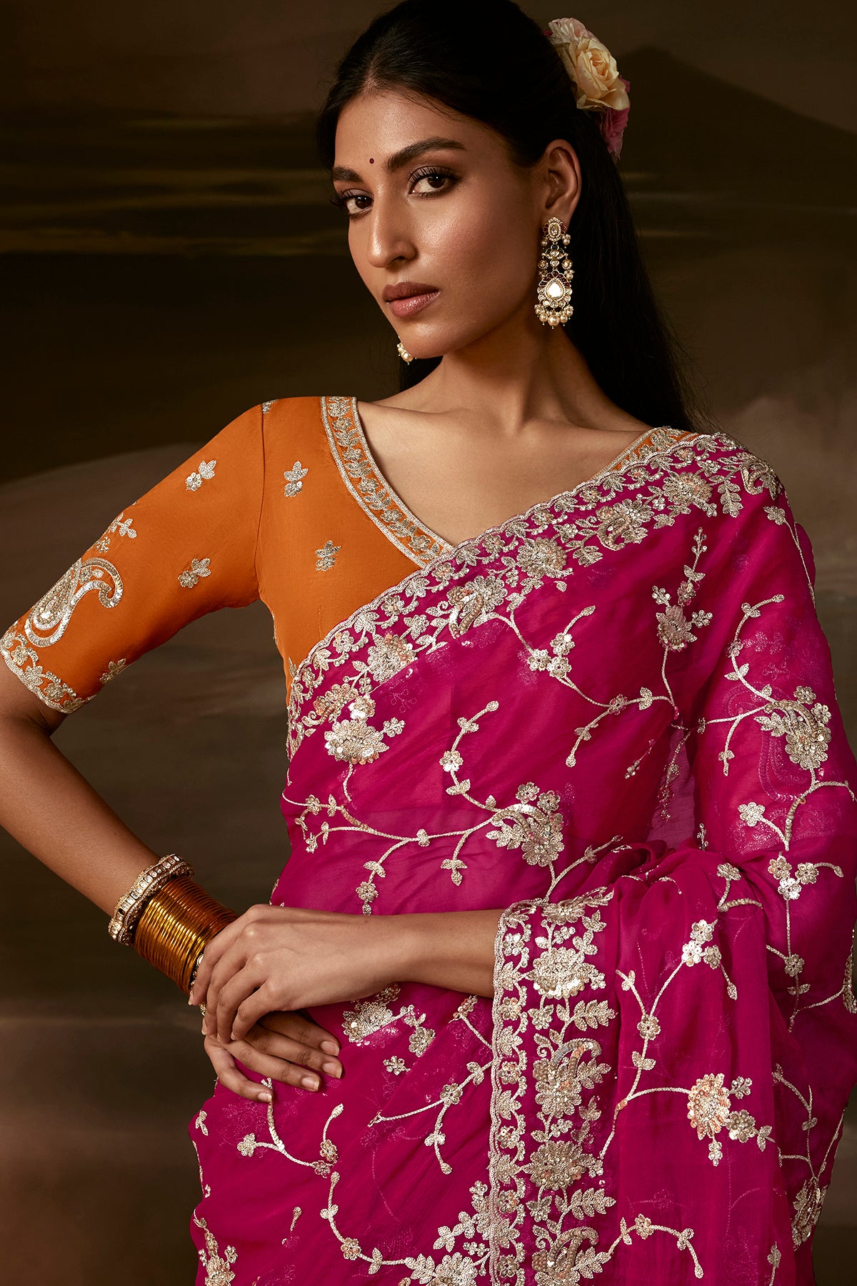Magenta Pink Saree with Rust Orange Blouse