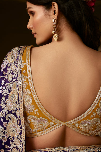 Purple Saree with Mustard Yellow Blouse