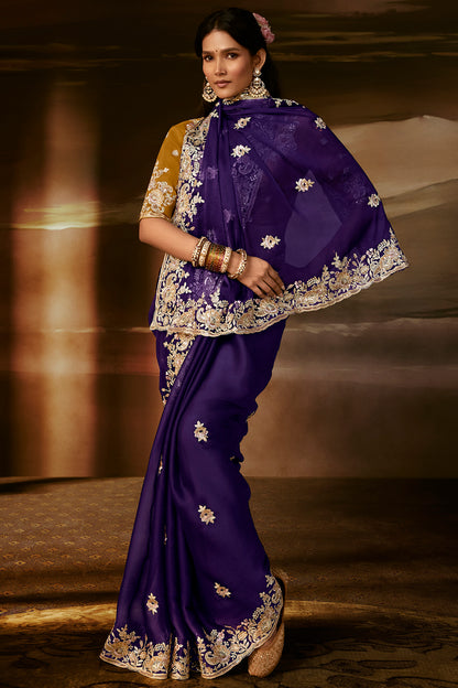Purple Saree with Mustard Yellow Blouse