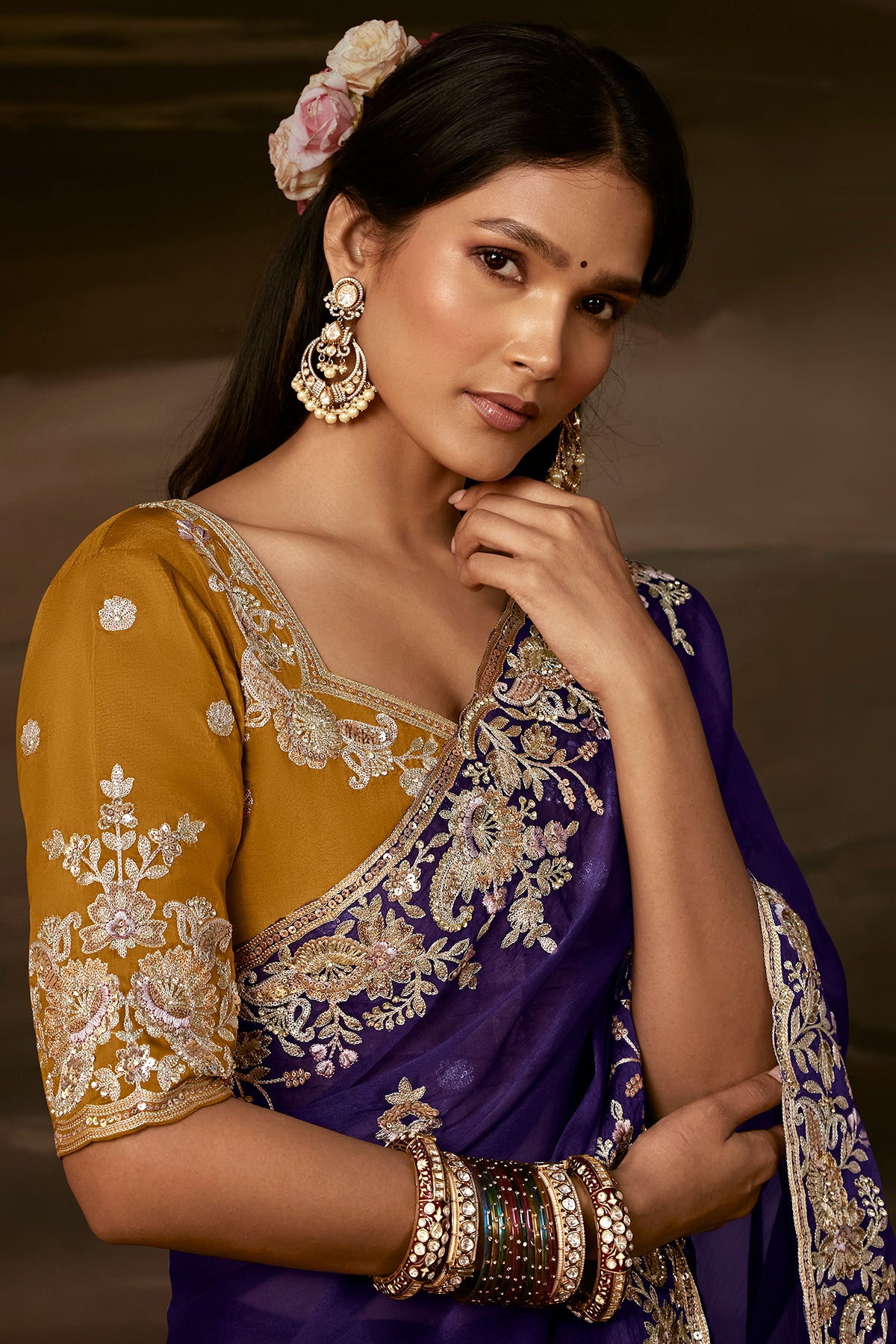 Purple Saree with Mustard Yellow Blouse