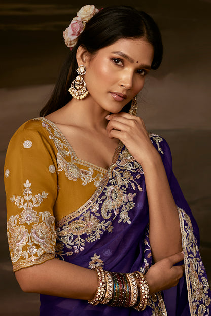 Purple Saree with Mustard Yellow Blouse