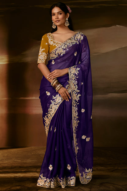 Purple Saree with Mustard Yellow Blouse