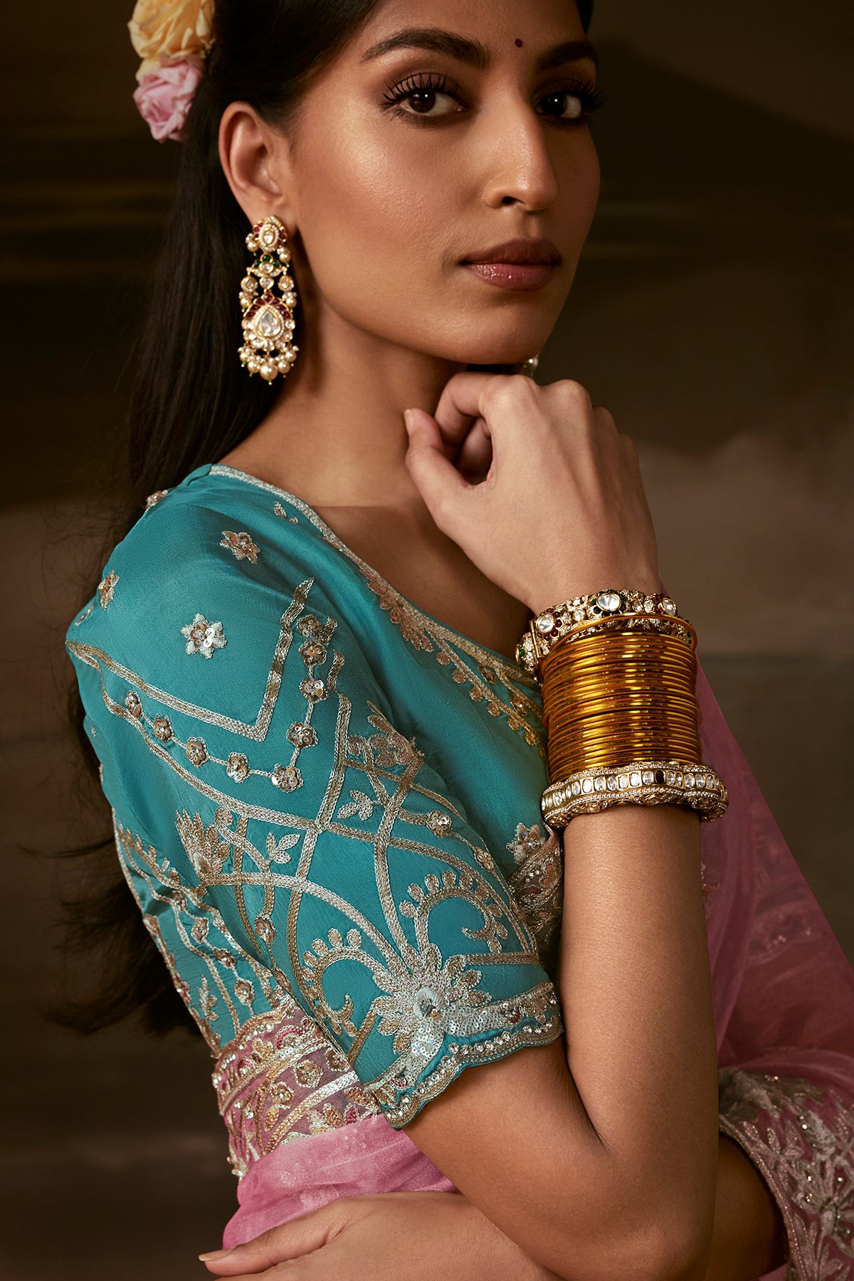 Dusty Pink Saree with Teal Blue Blouse