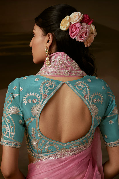 Dusty Pink Saree with Teal Blue Blouse