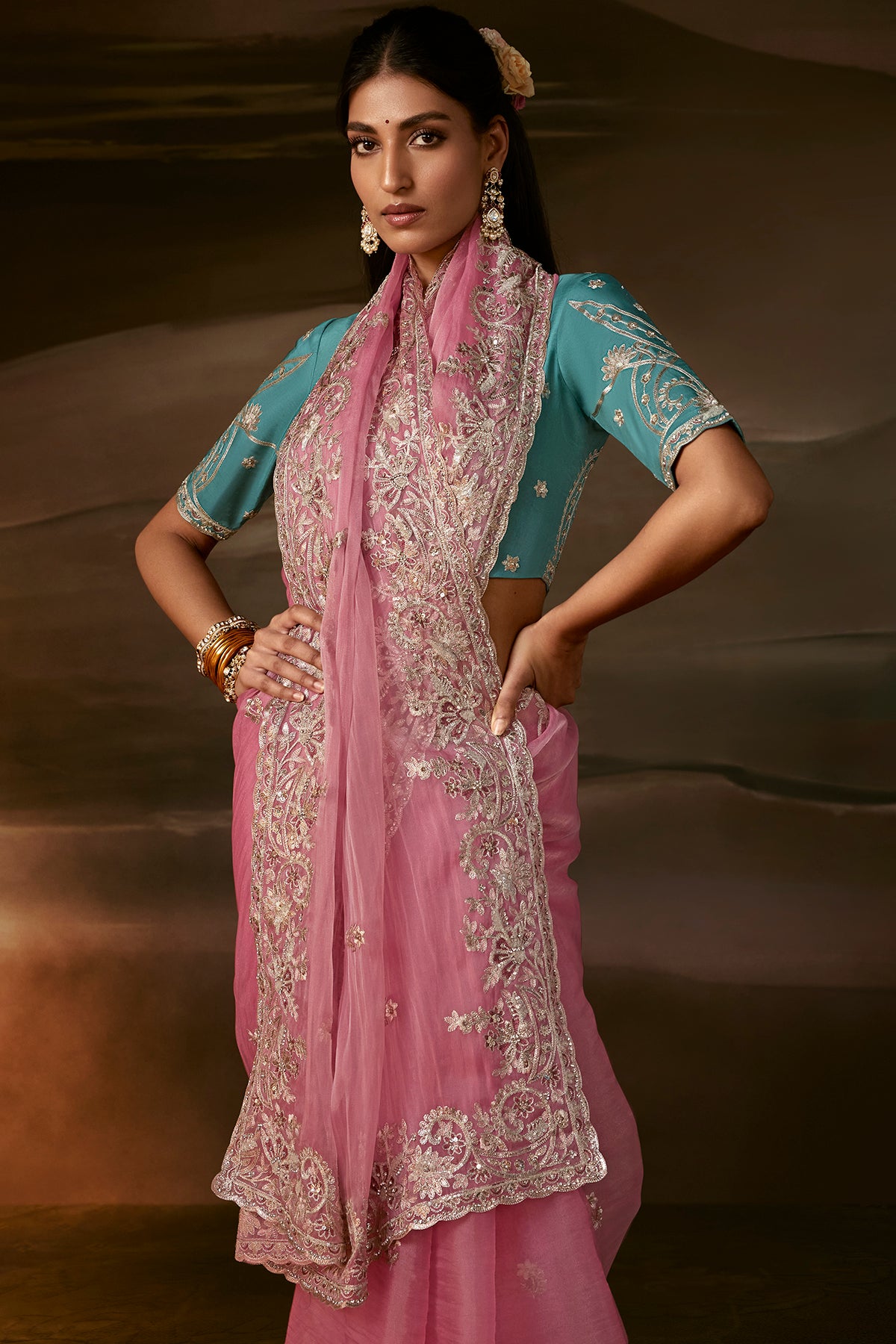 Dusty Pink Saree with Teal Blue Blouse