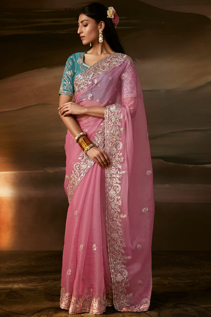 Dusty Pink Saree with Teal Blue Blouse