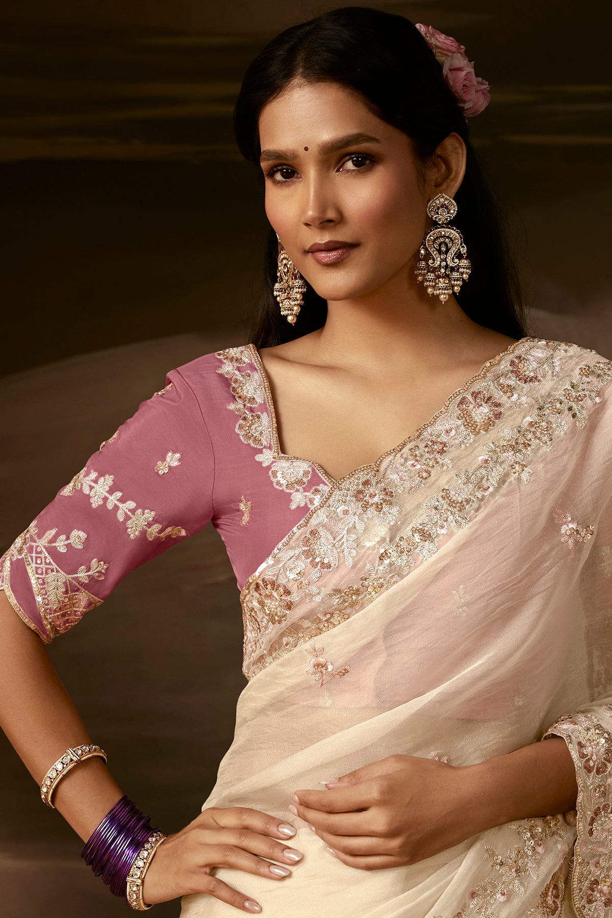 Ivory Saree with Blush Pink Blouse