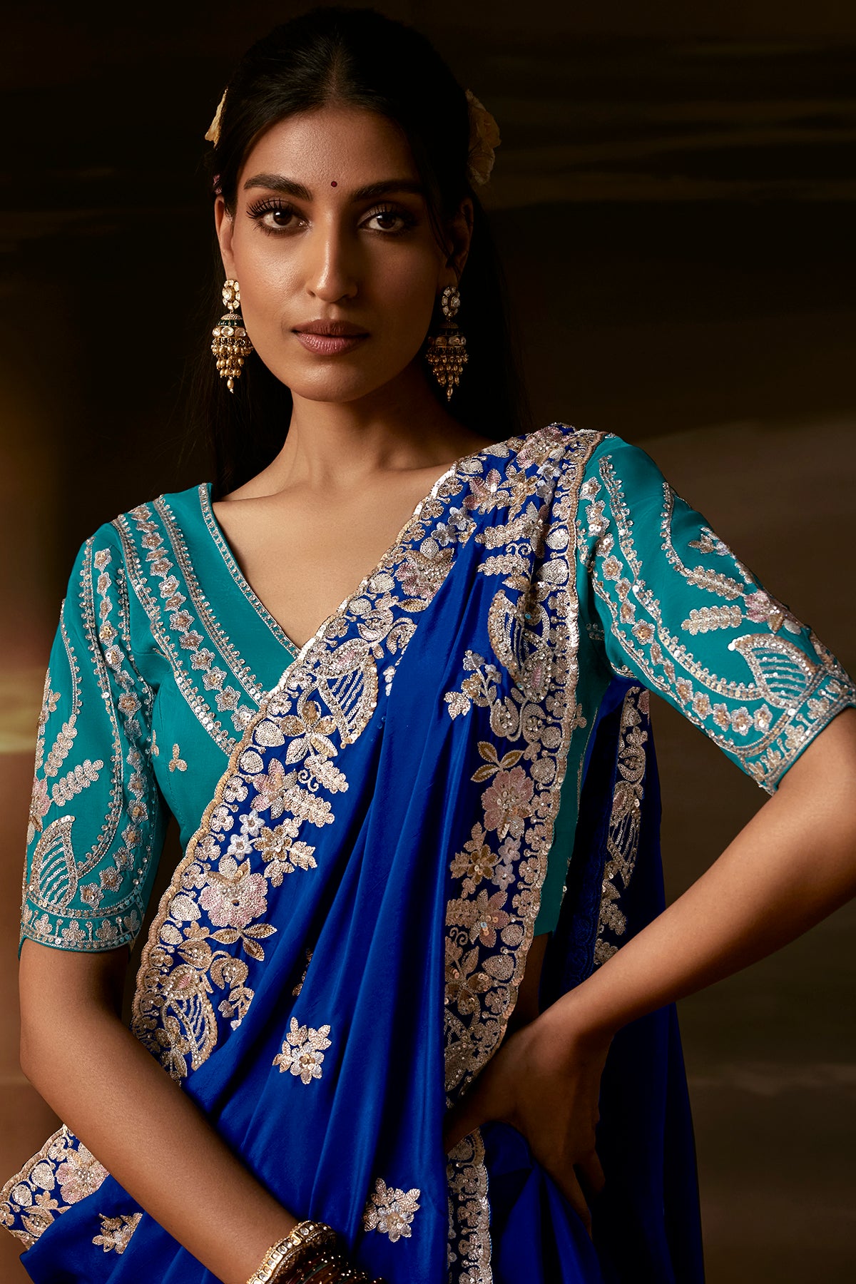 Royal Blue Saree with Teal Blue Blouse