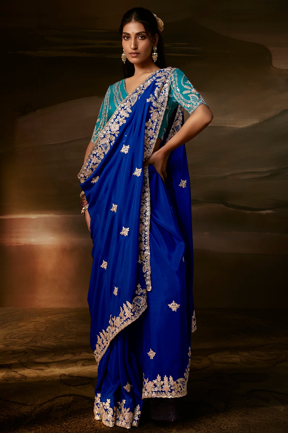 Royal Blue Saree with Teal Blue Blouse
