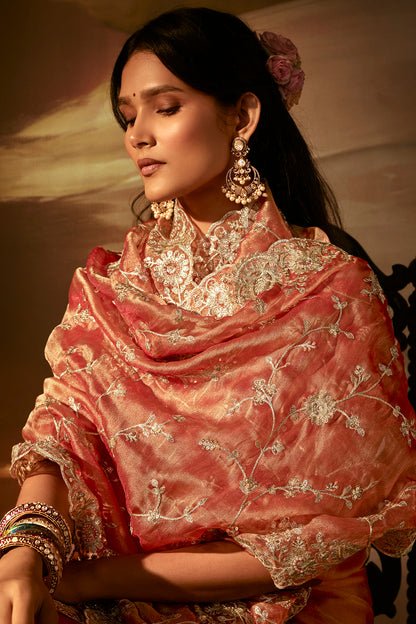 Coral Peach Saree with Coral Peach Blouse