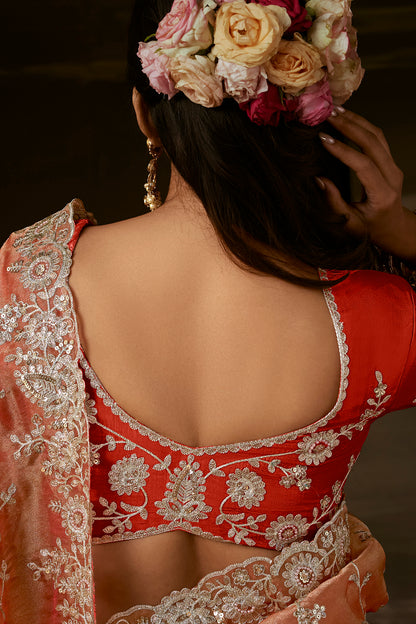 Coral Peach Saree with Coral Peach Blouse