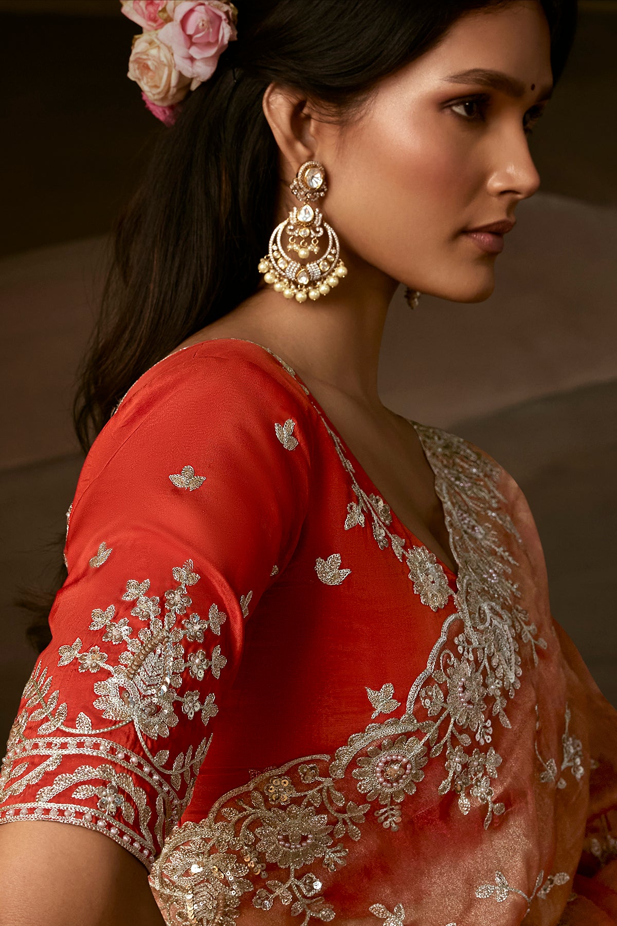Coral Peach Saree with Coral Peach Blouse