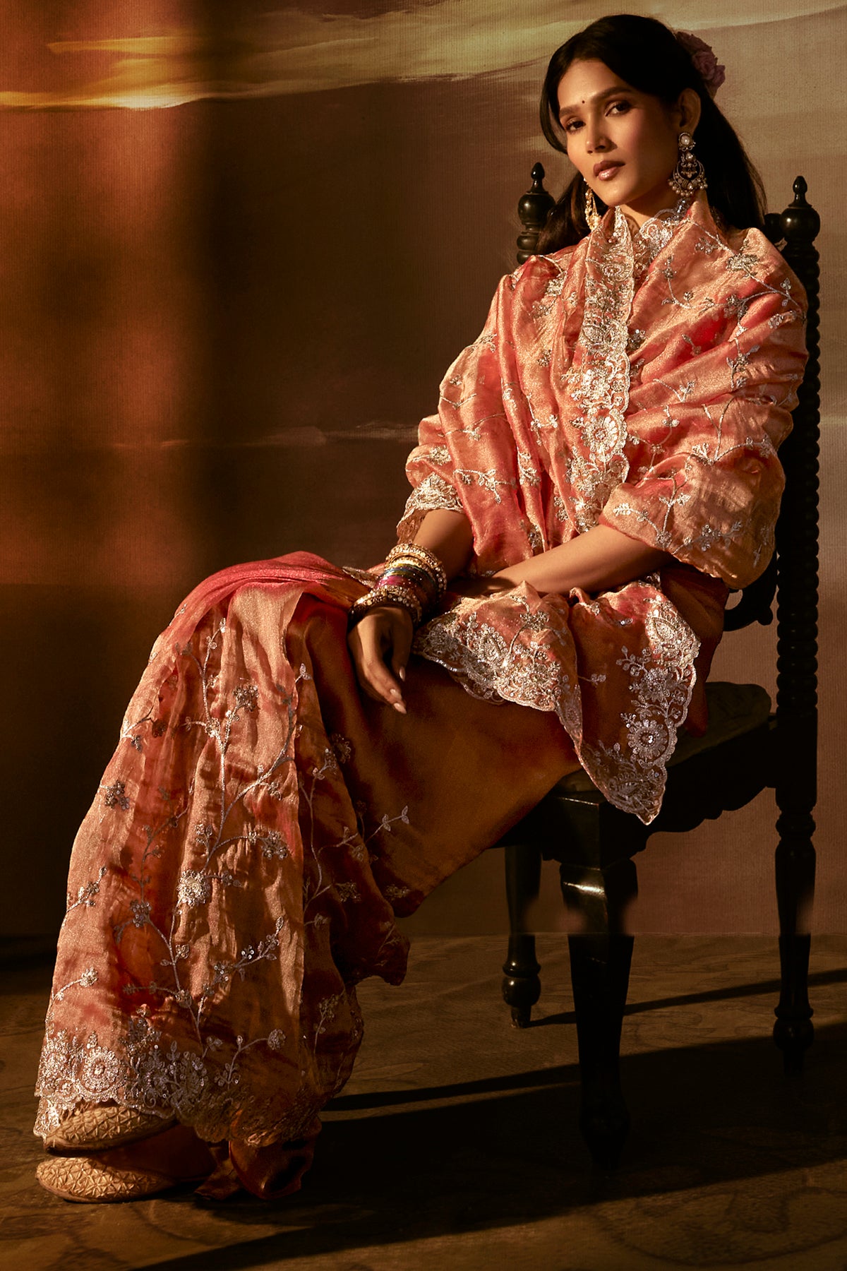 Coral Peach Saree with Coral Peach Blouse