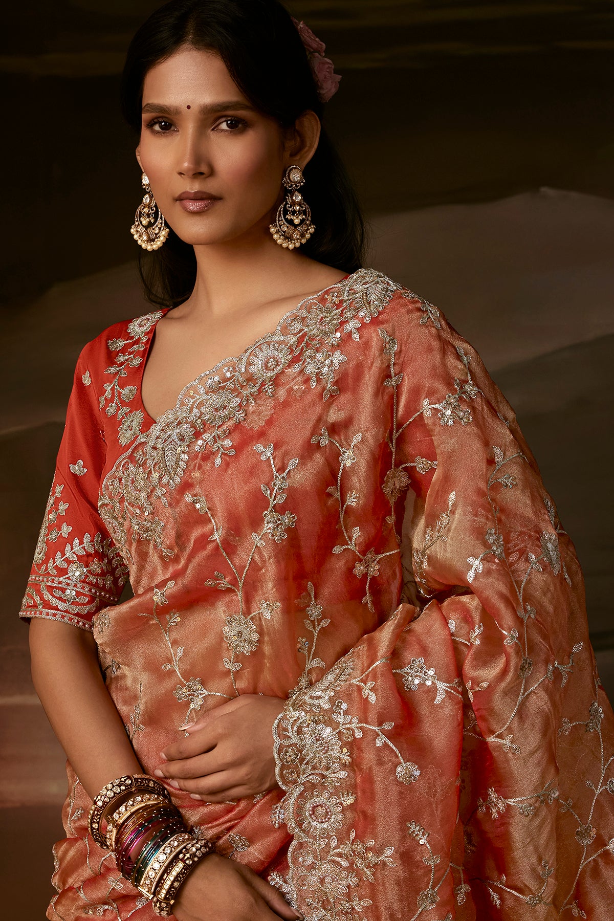 Coral Peach Saree with Coral Peach Blouse