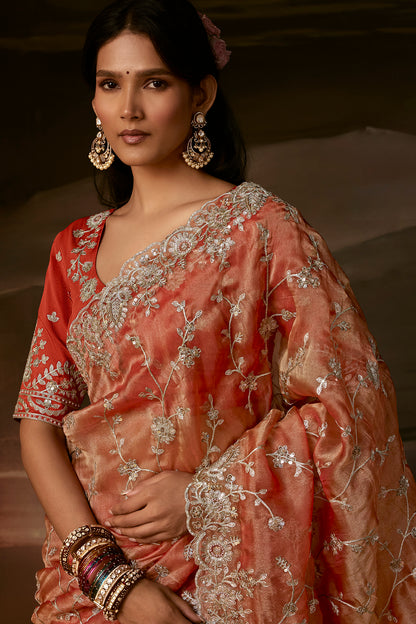 Coral Peach Saree with Coral Peach Blouse