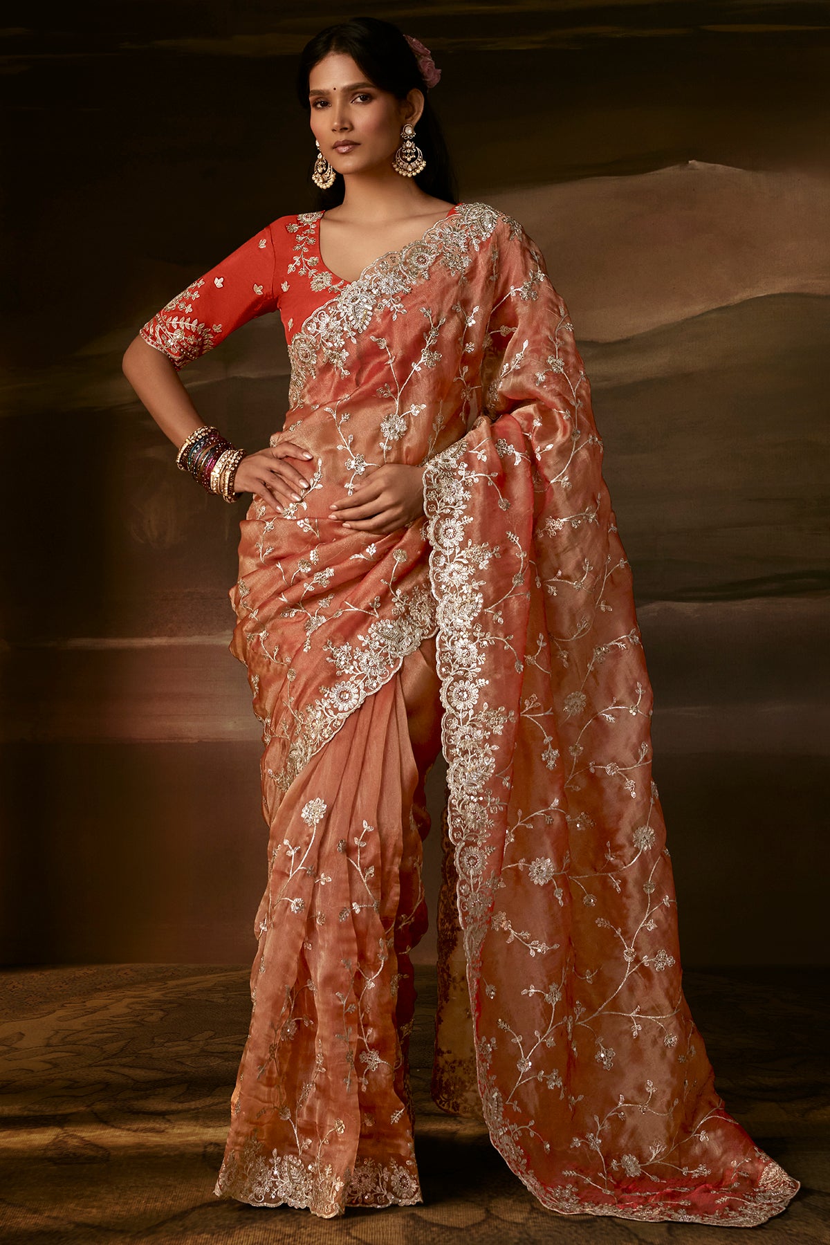 Coral Peach Saree with Coral Peach Blouse
