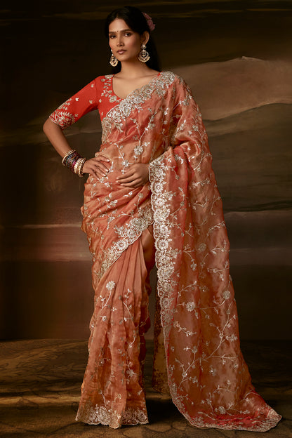 Coral Peach Saree with Coral Peach Blouse