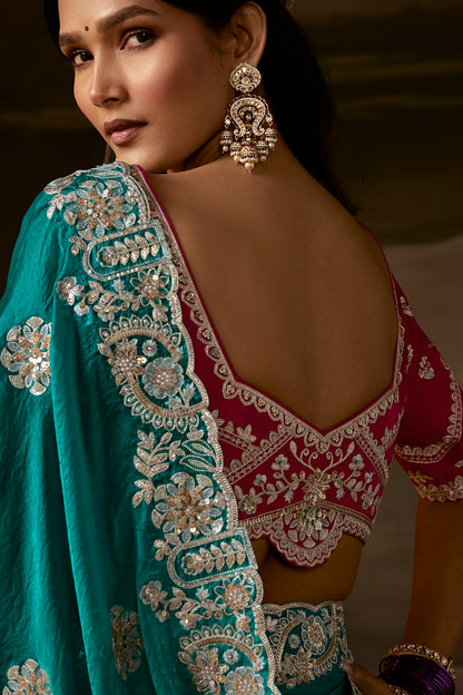 Teal Green Saree with Magenta Blouse