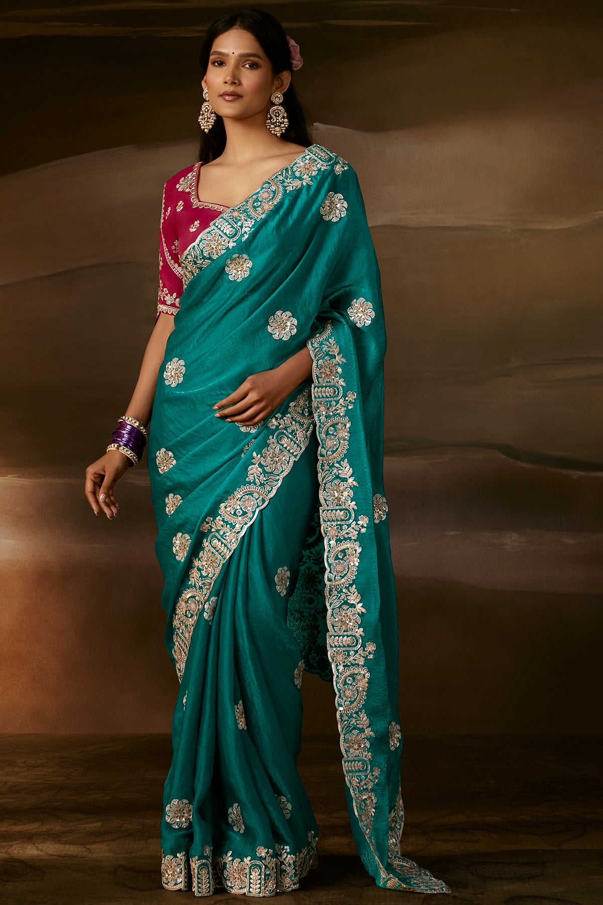 Teal Green Saree with Magenta Blouse