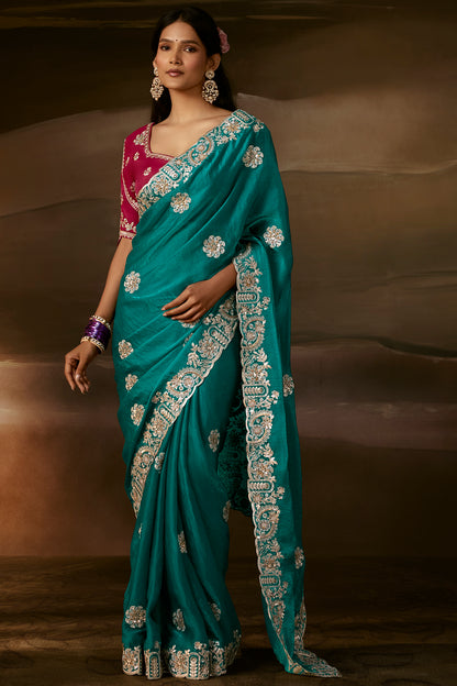 Teal Green Saree with Magenta Blouse