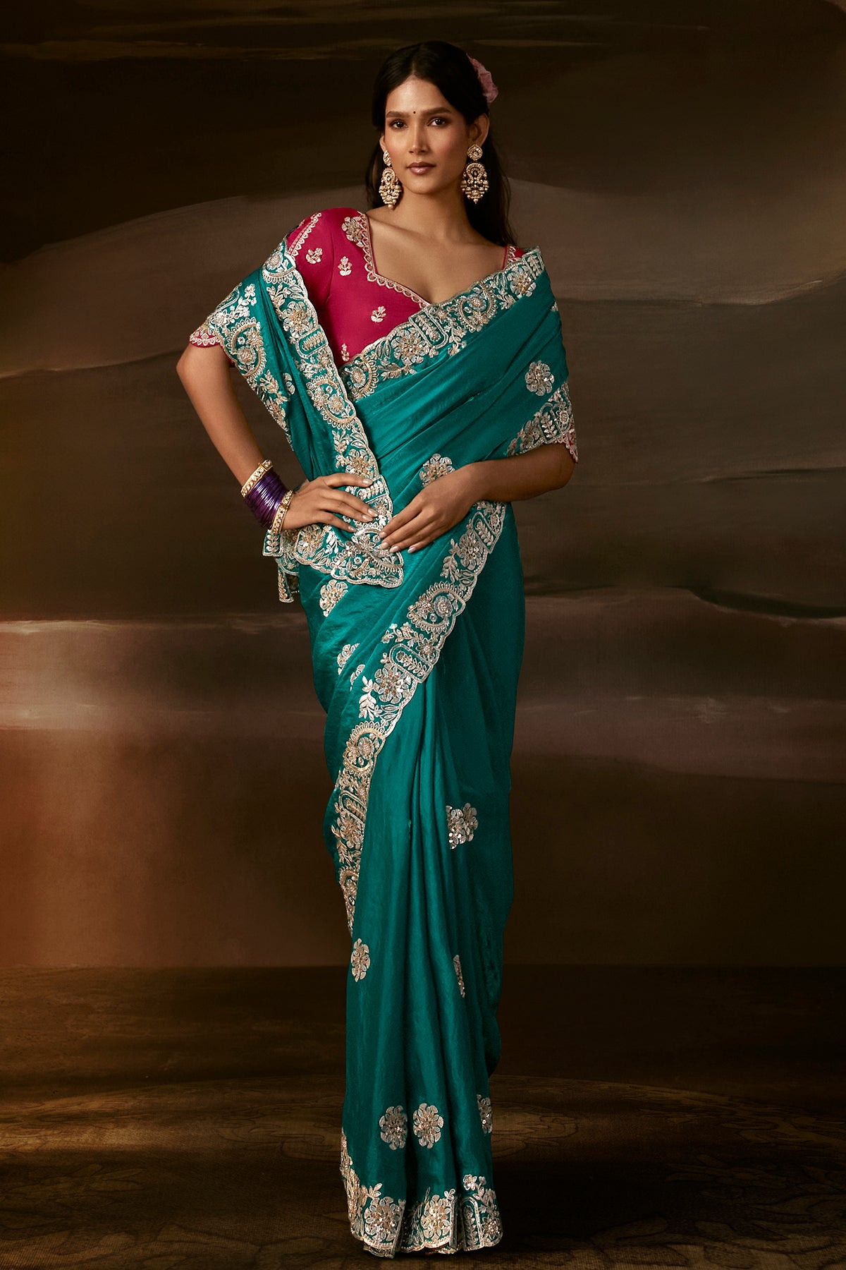 Teal Green Saree with Magenta Blouse