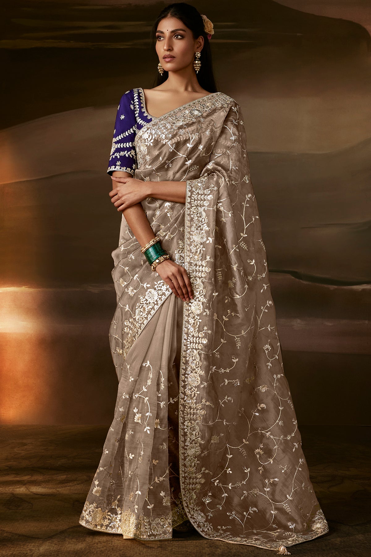 Taupe Grey Saree with Royal Blue Blouse