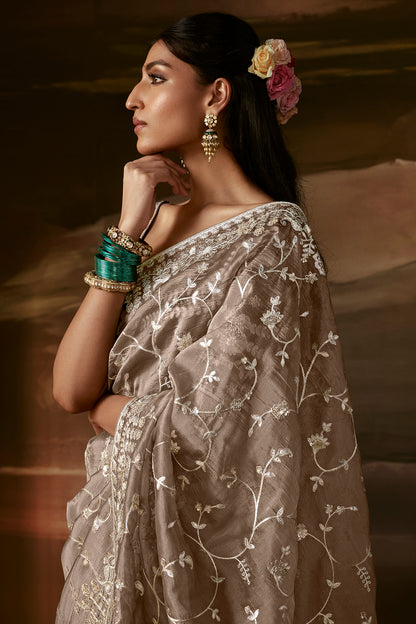 Taupe Grey Saree with Royal Blue Blouse