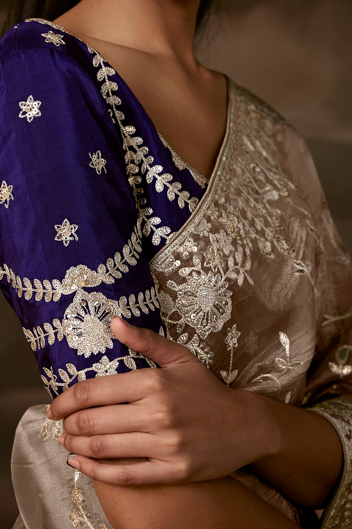 Taupe Grey Saree with Royal Blue Blouse