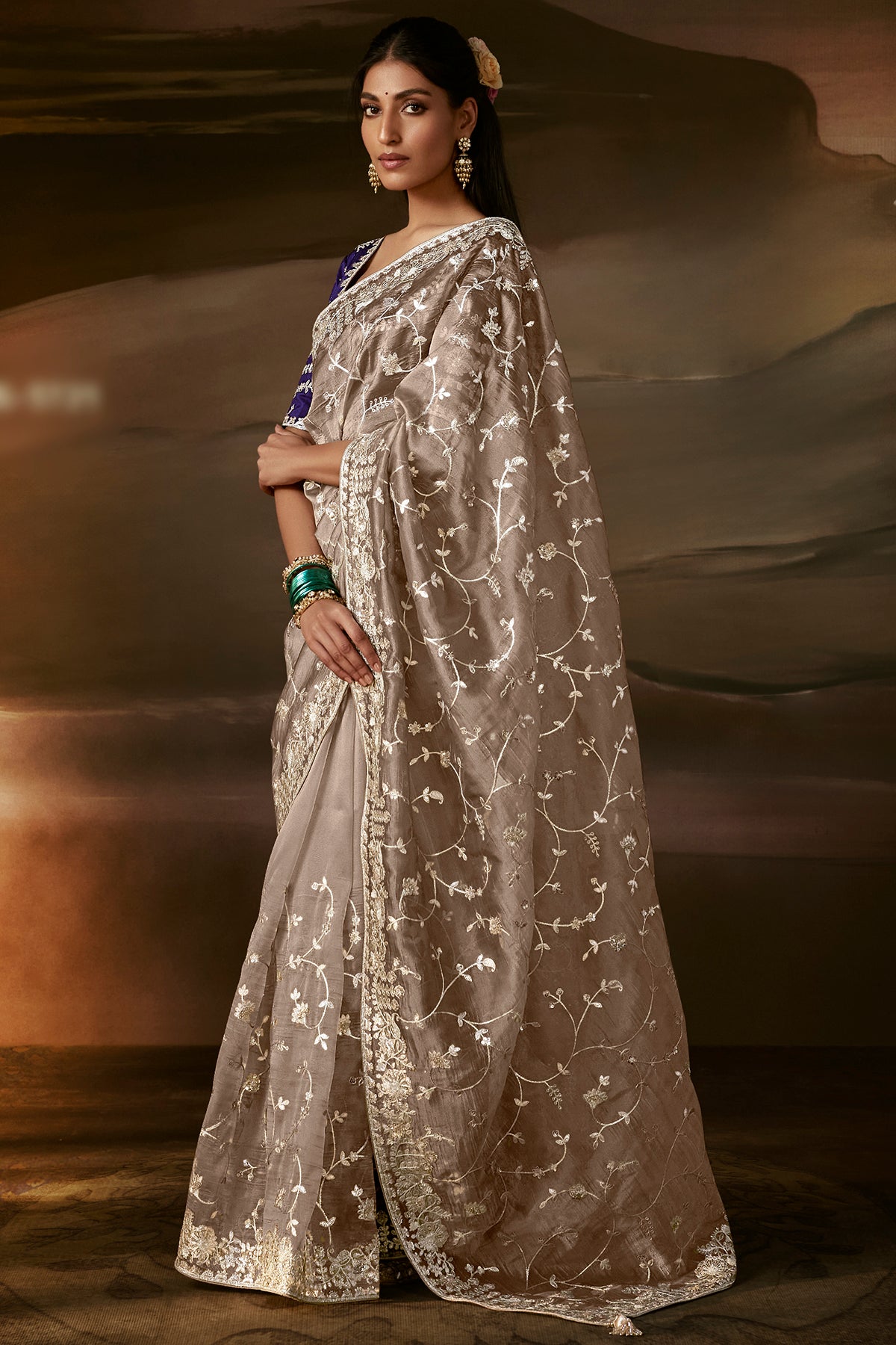 Taupe Grey Saree with Royal Blue Blouse