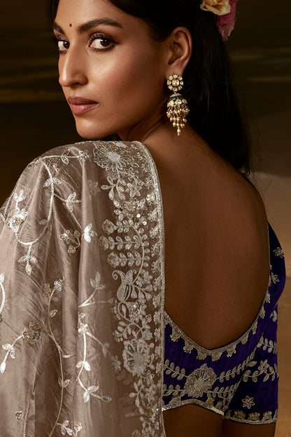 Taupe Grey Saree with Royal Blue Blouse