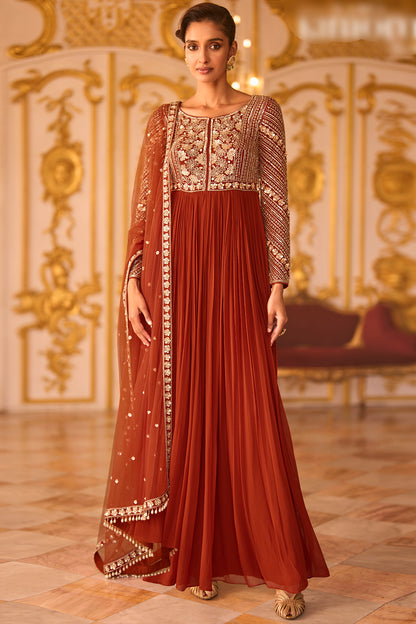 Rust Embroidered Anarkali Dress