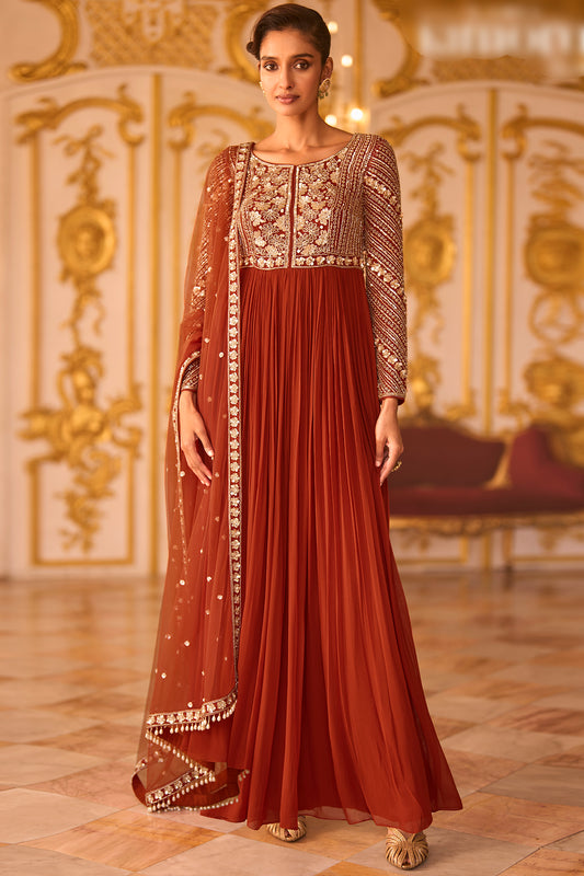 Rust Embroidered Anarkali Dress