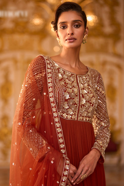 Rust Embroidered Anarkali Dress